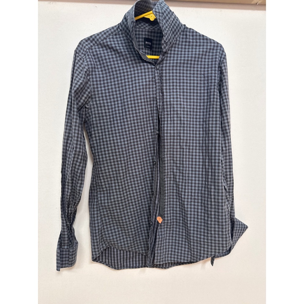 Hugo Boss Slim Fit Gingham Check Button Down Shirt Grey Black Mens Long Sleeve